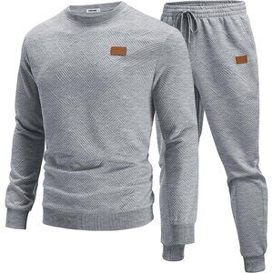 Men's 2 Piece Sweat suit Jogging Suit Set Long Sleeve Jacquard Shirt Light Grey